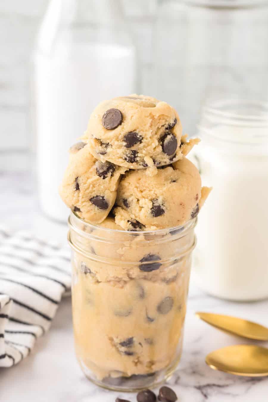 mason jar of round scoops of edible cookie dough