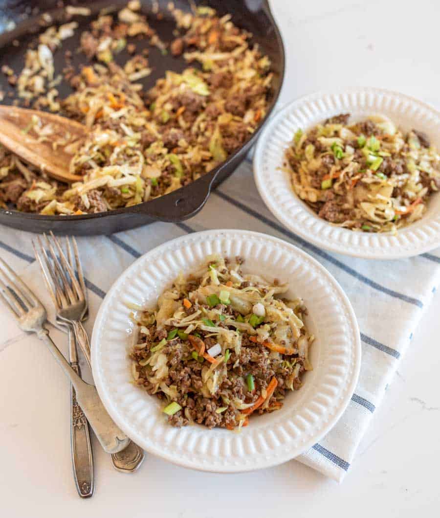 eggroll in a bowl served from a cast iron skillet