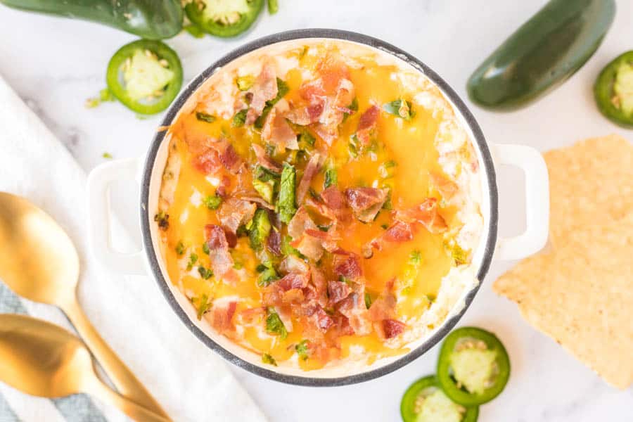 close up top view of jalapeño popper dip