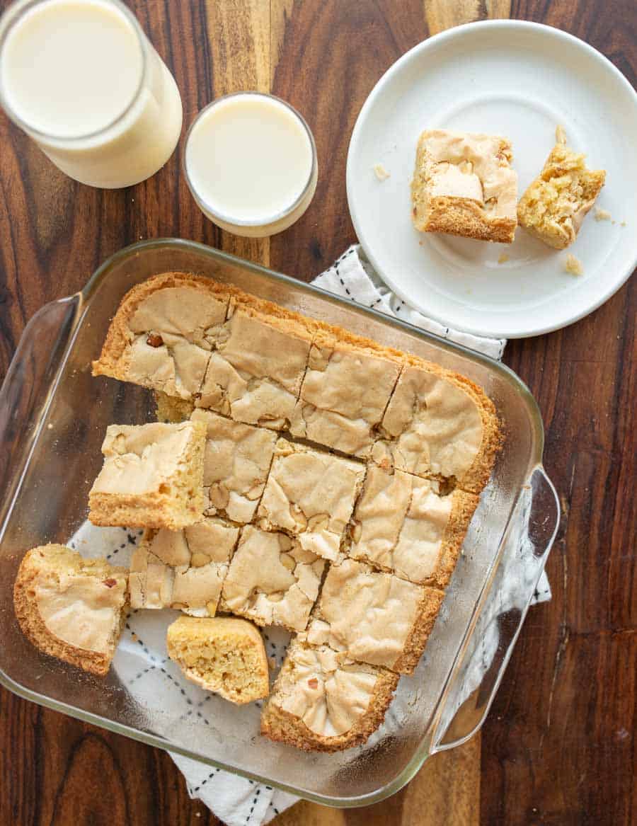 peanut butter brownies in the glass baking dish