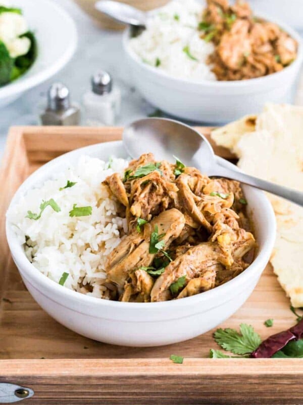 slow cooker chicken tikka masala in a white bowl