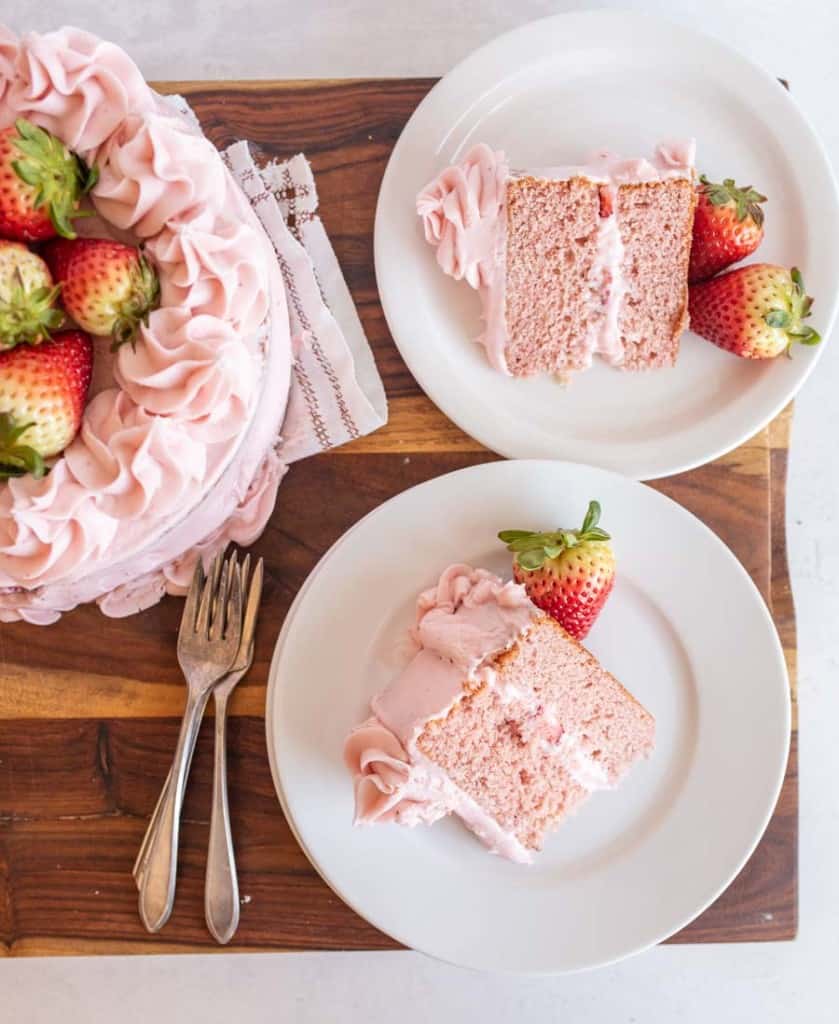 pink decadent strawberry cake slices from a top view