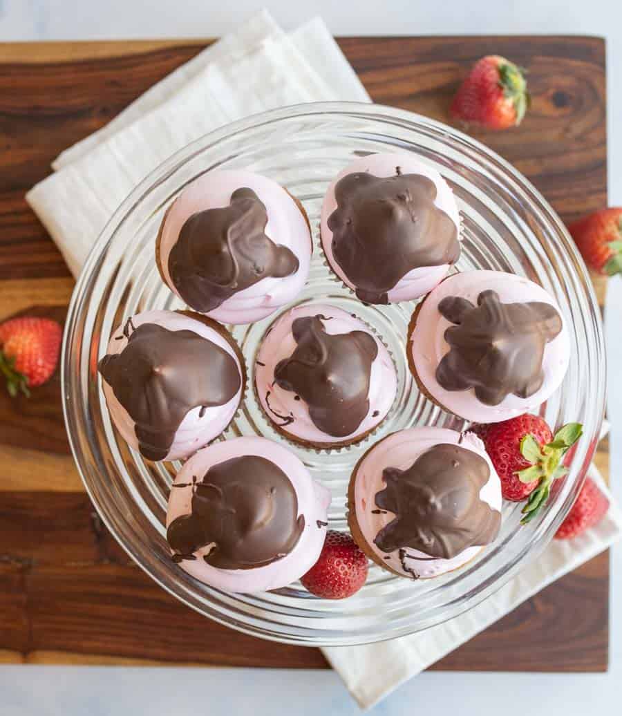 top view of strawberry cupcakes with chocolate on top