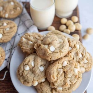 plate of macadamia white chocolate chip cookies