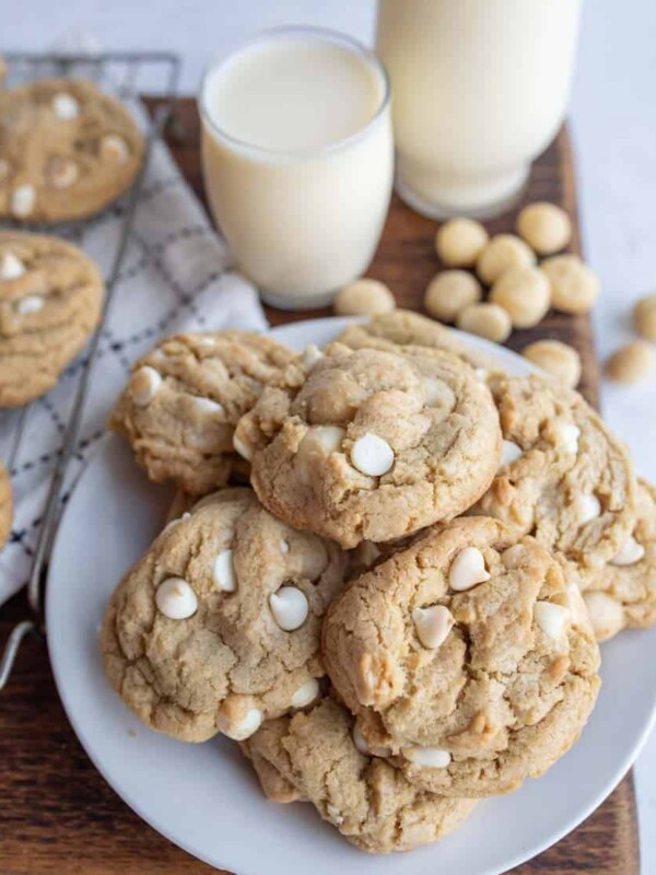 plate of macadamia white chocolate chip cookies