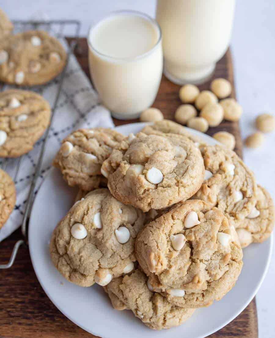 plate of macadamia white chocolate chip cookies