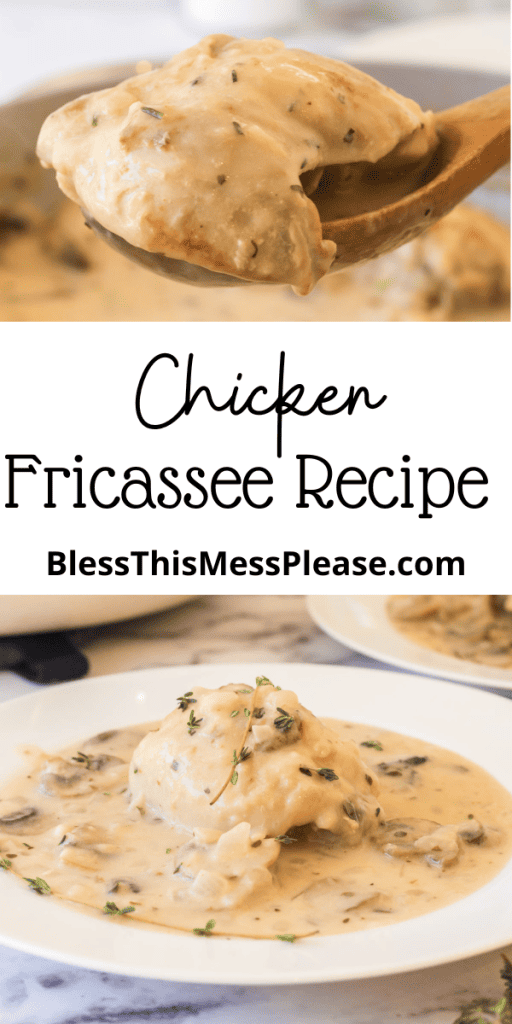 Pin for Chicken Fricassee Recipe with a creamy mushroom sauce around a chicken breast on a white plate