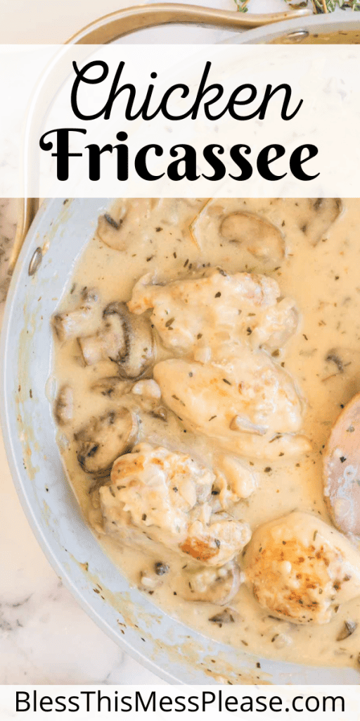 Pin for Chicken Fricassee Recipe with a creamy mushroom sauce around a chicken breast on a white plate
