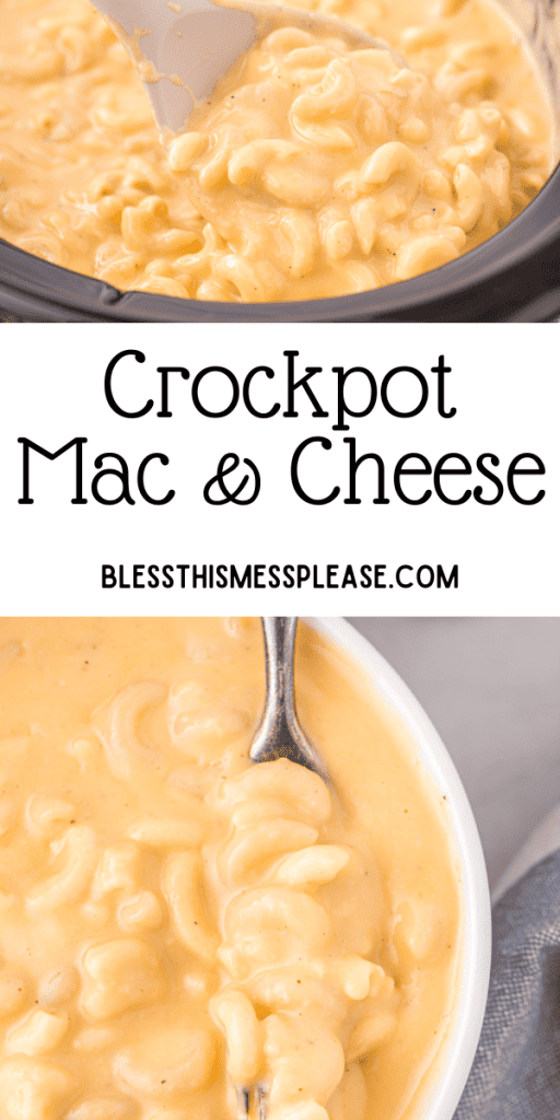 pin for crockpot mac and cheese with images of yellow creamy and saucy mac pasta