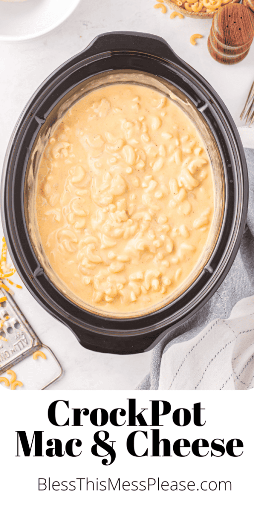 pin for crockpot mac and cheese with images of yellow creamy and saucy mac pasta in the crock pot