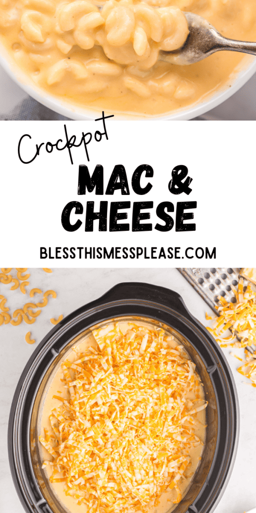 pin for crockpot mac and cheese with images of yellow creamy and saucy mac pasta