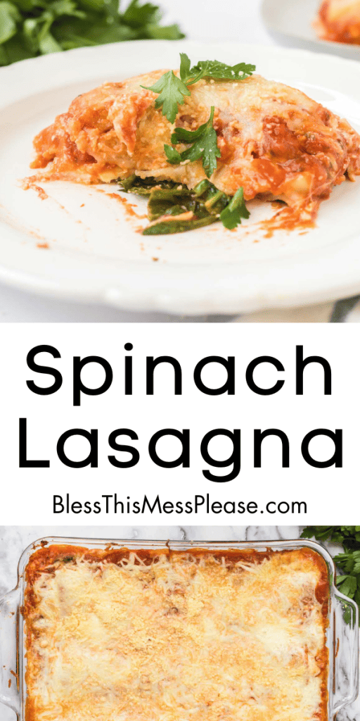 pin for spinach lasagna recipe with a square serving dished on a white plate