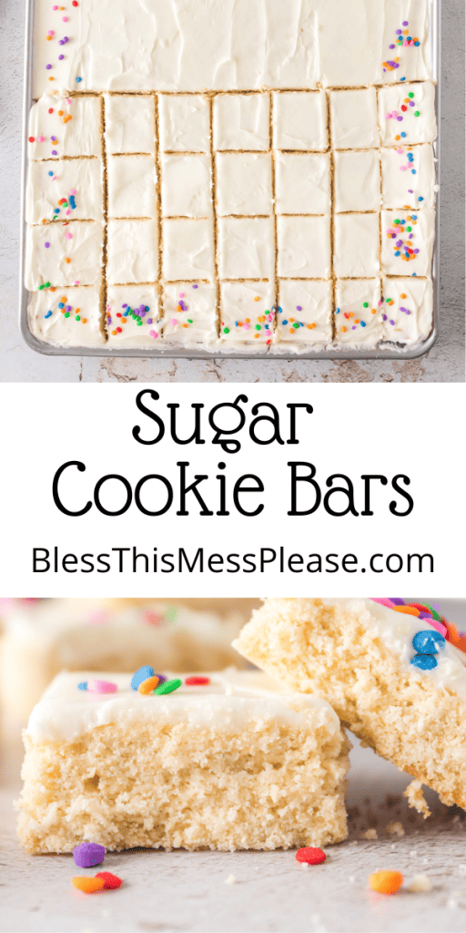 pin for sugar cookie bars with images of the squares with white icing and rainbow sprinkles