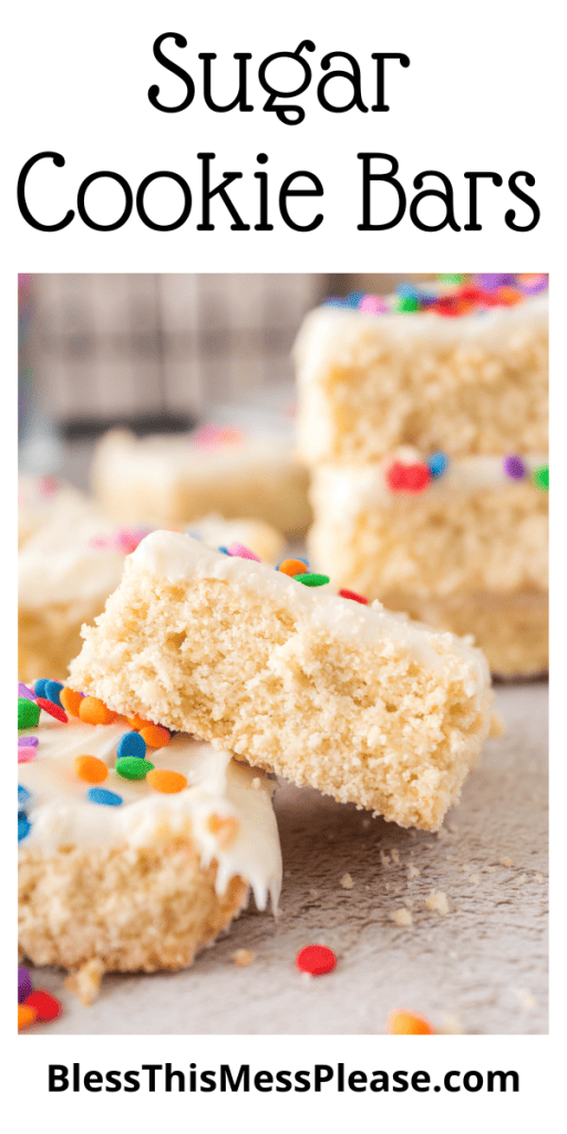 pin for sugar cookie bars with images of the squares with white icing and rainbow sprinkles