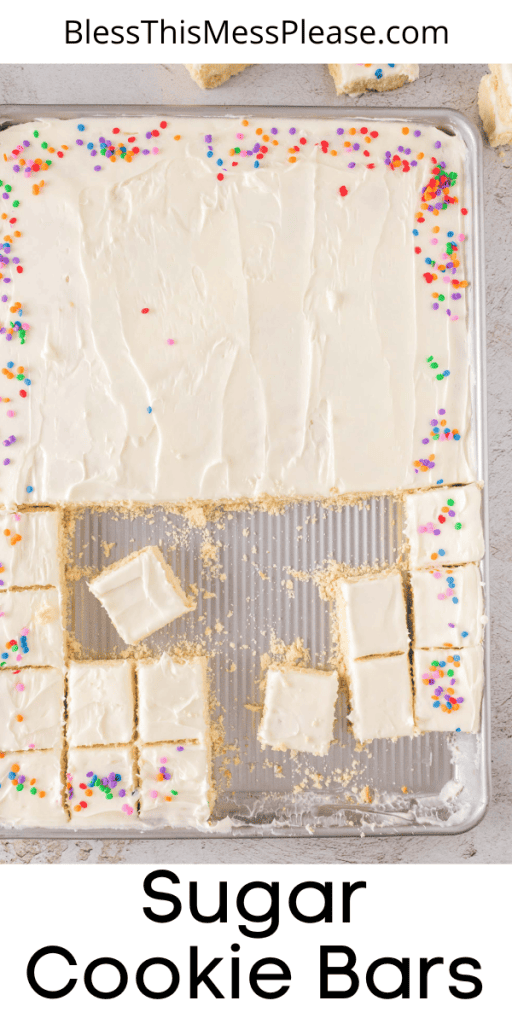 pin for sugar cookie bars with images of the squares with white icing and rainbow sprinkles