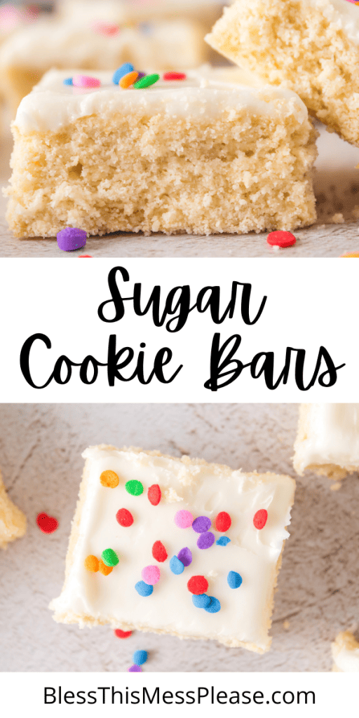 pin for sugar cookie bars with images of the squares with white icing and rainbow sprinkles