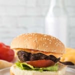 side view of an air fryer hamburger on a white plate