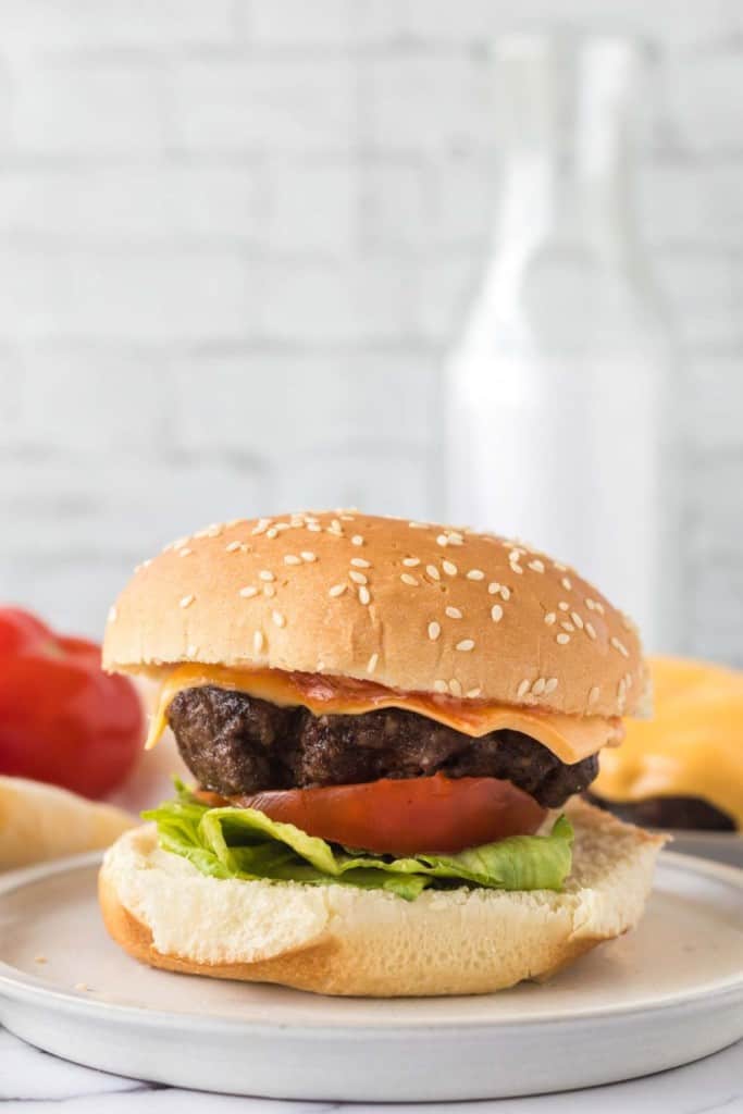 side view of an air fryer hamburger on a white plate
