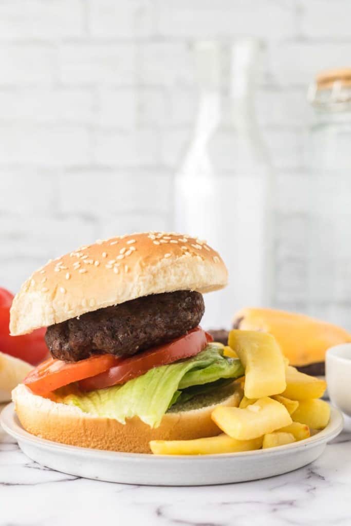 air fryer hamburger and chips on a white plate side view