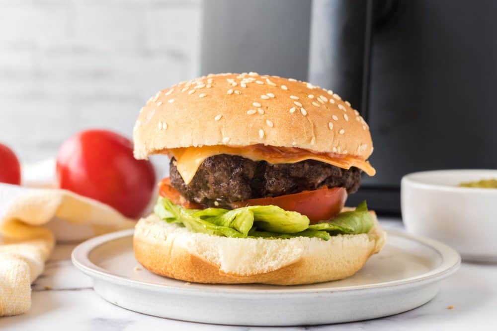 side view of an air fryer hamburger on a white plate.