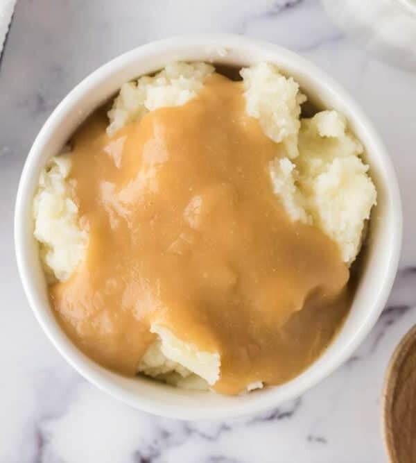 top view of mashed potatoes and gravy