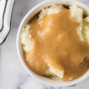 top view of mashed potatoes and gravy