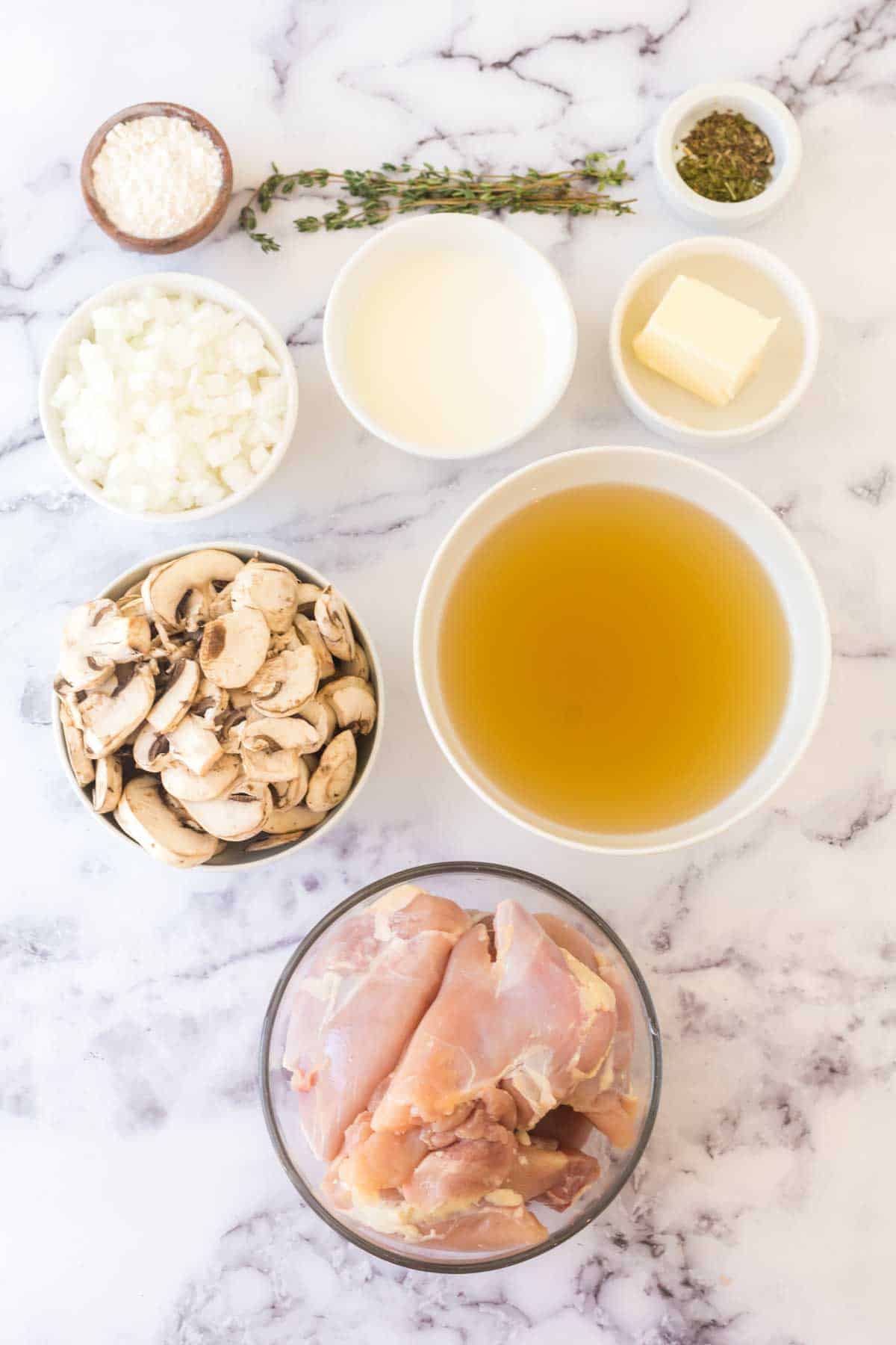 chicken fricassee ingredients in small bowls