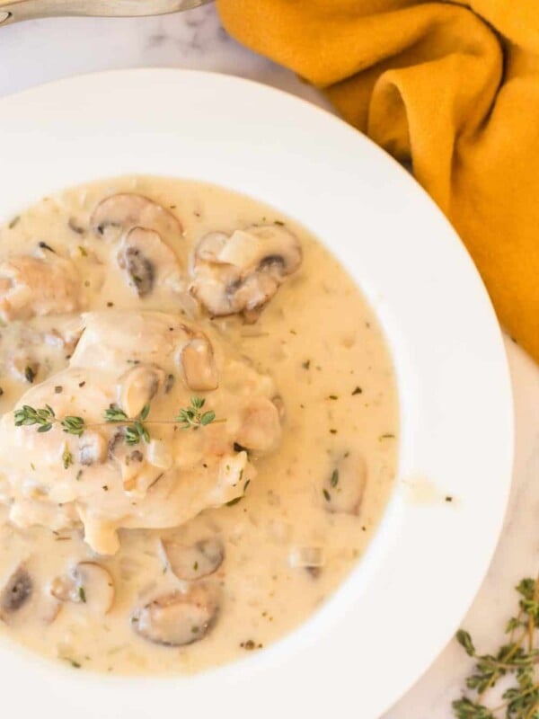 top view of chicken fricassee in a white bowl