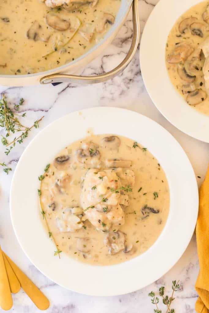 chicken fricassee in white bowls