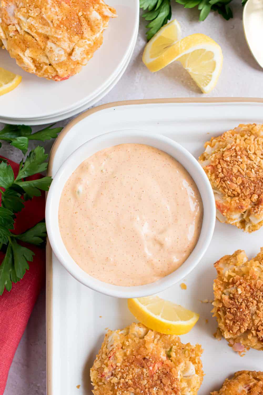 top view of a white bowl of remoulade sauce