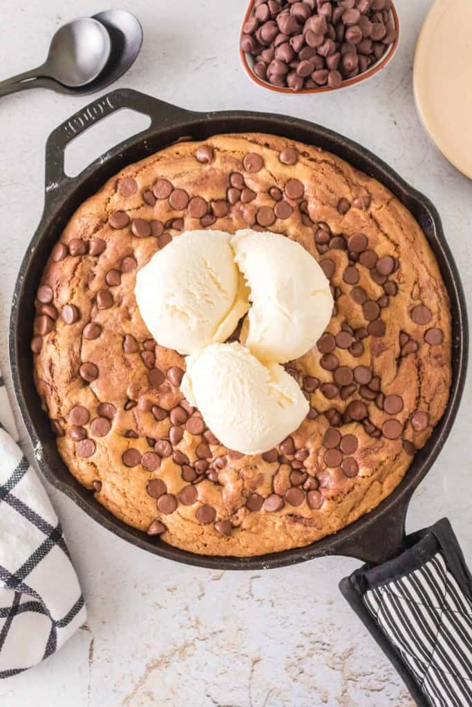 skillet full of cookies with ice cream on top!