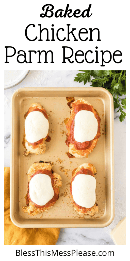 Text read baked chicken parm recipe and shows chicken on a baking sheet.