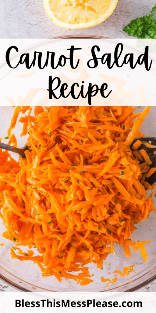 pin for carrot salad recipe with shredded and seasoned carrots