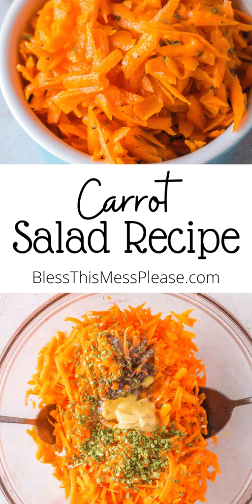 pin for carrot salad recipe with shredded and seasoned carrots