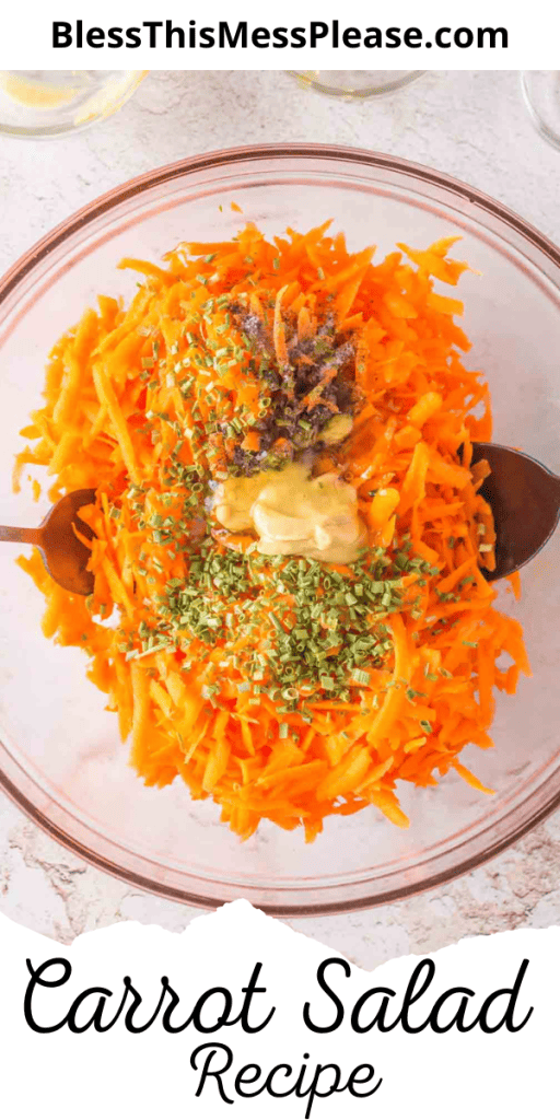 pin for carrot salad recipe with shredded and seasoned carrots