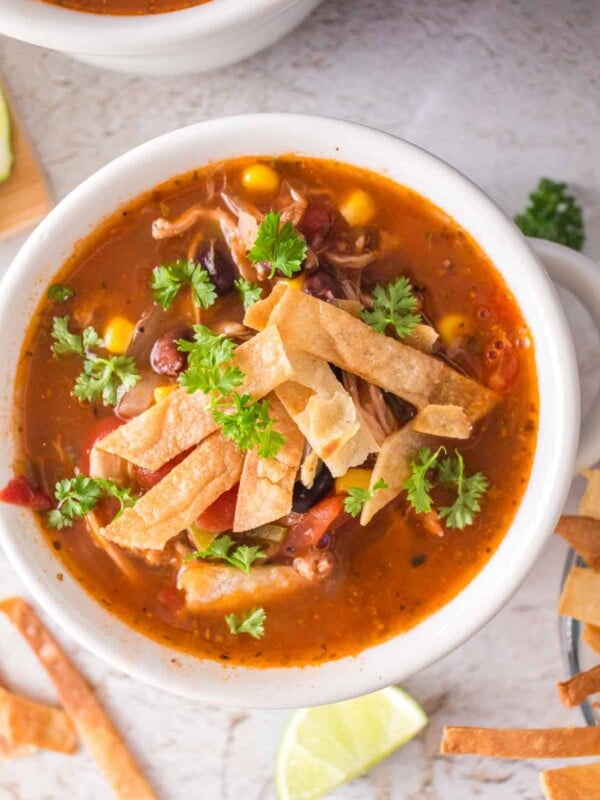 a white bowl with chicken tortilla soup and sliced chips and cheese on top