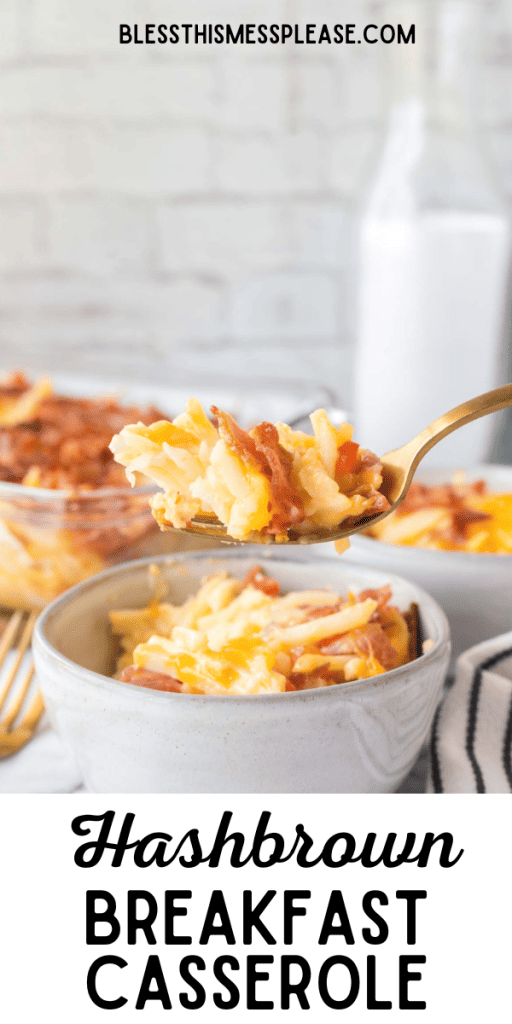 pin for hash brown breakfast casserole recipe with images of the egg, hash brown, cheesy and bacon bake