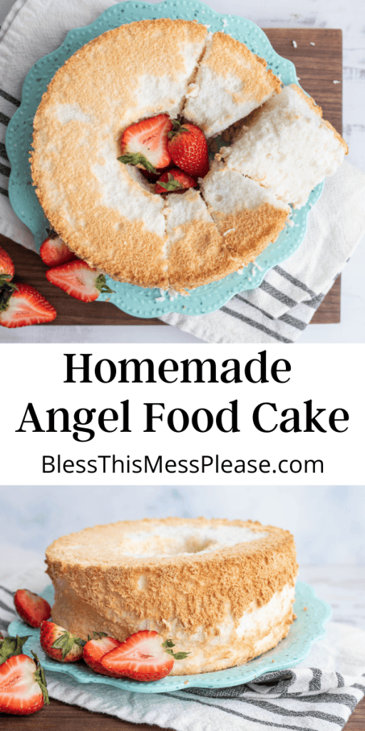 pin for angel food cake recipe with images of the fluffy ring of cake with strawberries next to it