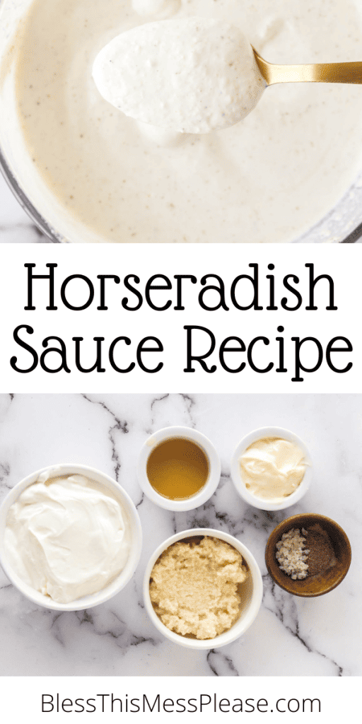 pin for horseradish sauce recipe with creamy sauce on a spoon