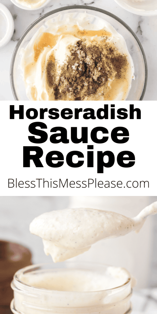 pin for horseradish sauce recipe with creamy sauce on a spoon