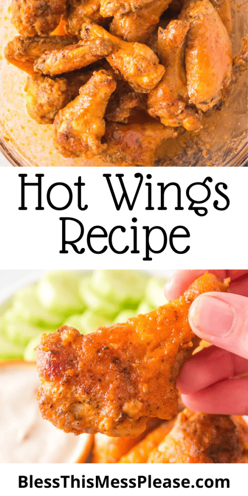 pin for hot wings recipe with images of the perfectly baked, seasoned, and sauced hot wings with a creamy dip