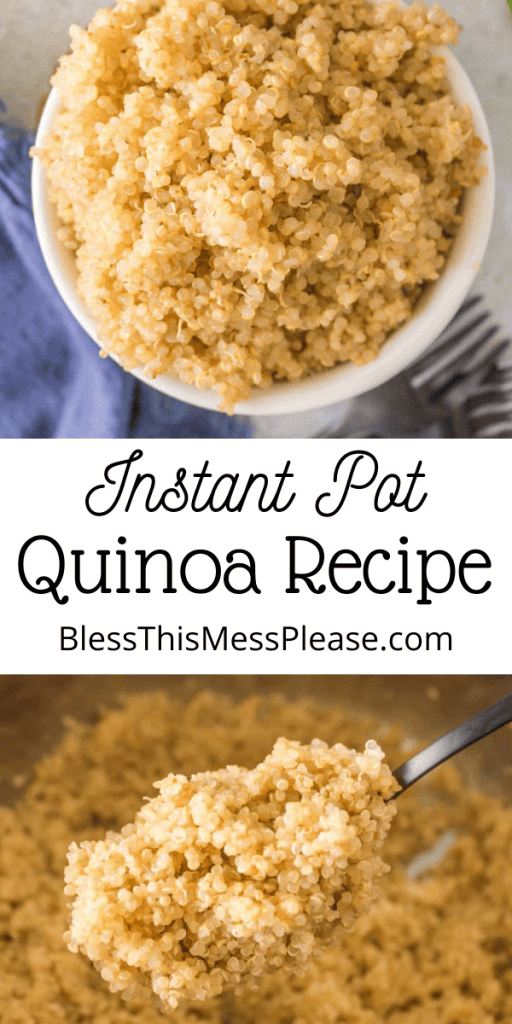 Pin image that reads instant pot quinoa recipe featuring a bowl of cooked quinoa.