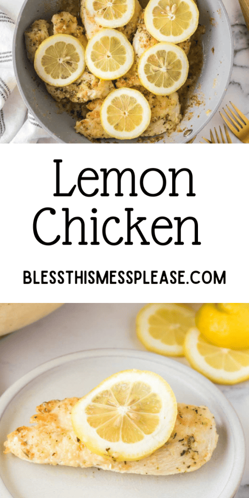 pin for lemon chicken with the baked well seasoned chicken surround by lemon circles