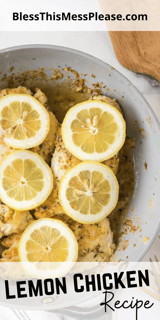 pin for lemon chicken with the baked well seasoned chicken surround by lemon circles