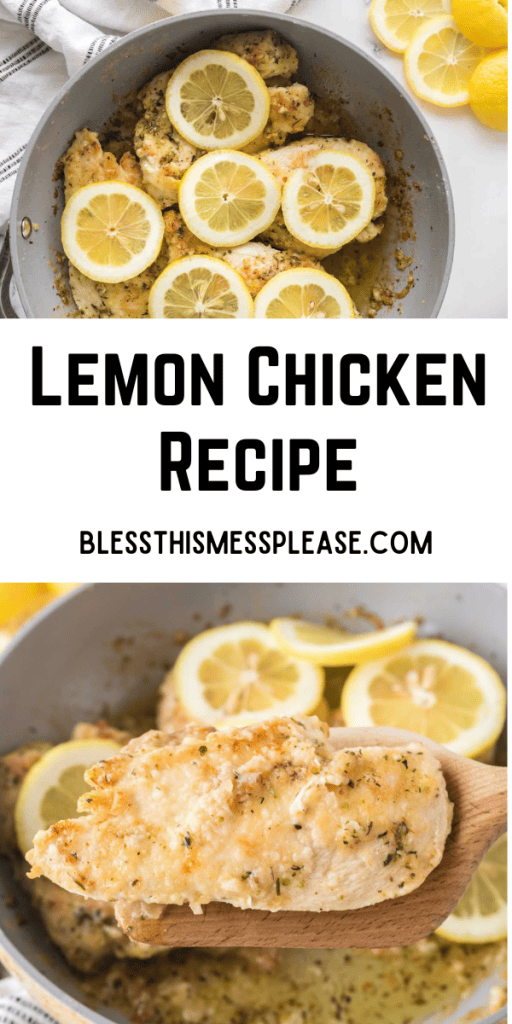 pin for lemon chicken with the baked well seasoned chicken surround by lemon circles