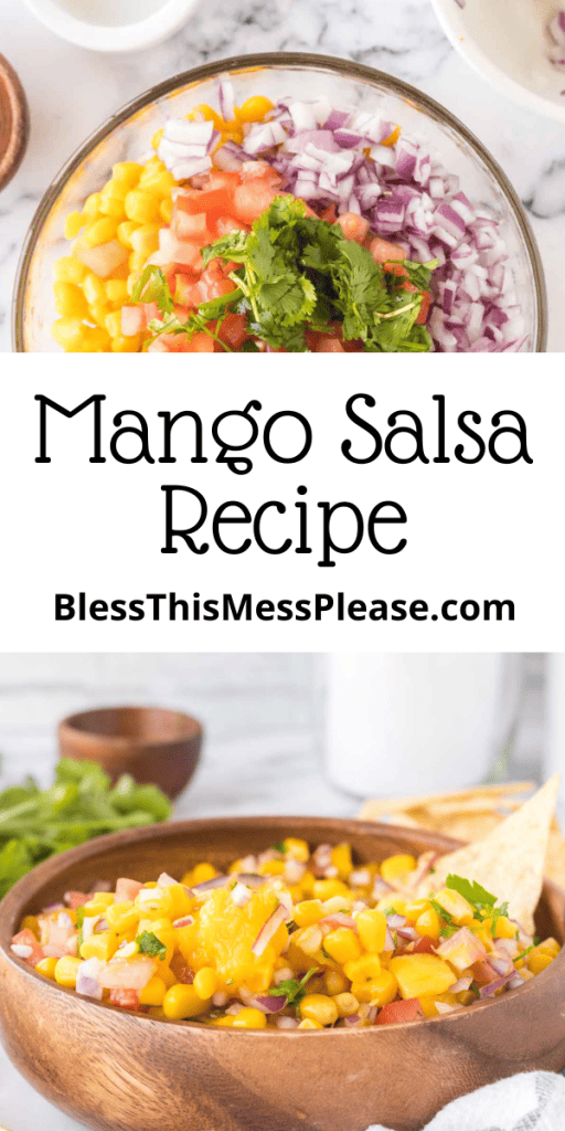pin for mango salsa recipe with images of the salsa in a wooden bowl and with chips and lime as sides
