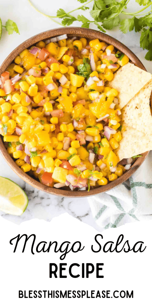 pin for mango salsa recipe with images of the salsa in a wooden bowl and with chips and lime as sides