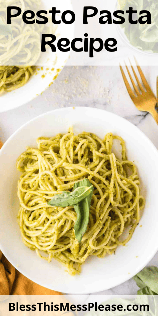 pin for pesto pasta recipe with an image of top view the pasta served on a white plate