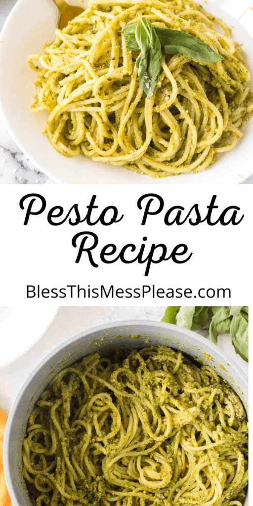 pin for pesto pasta recipe with an image of pasta on a plate and in the pan
