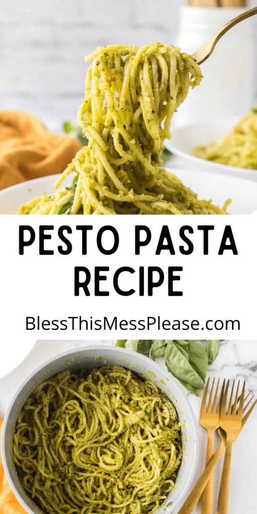 pin for pesto pasta recipe with an image of the pasta swirled on a fork and in the pan